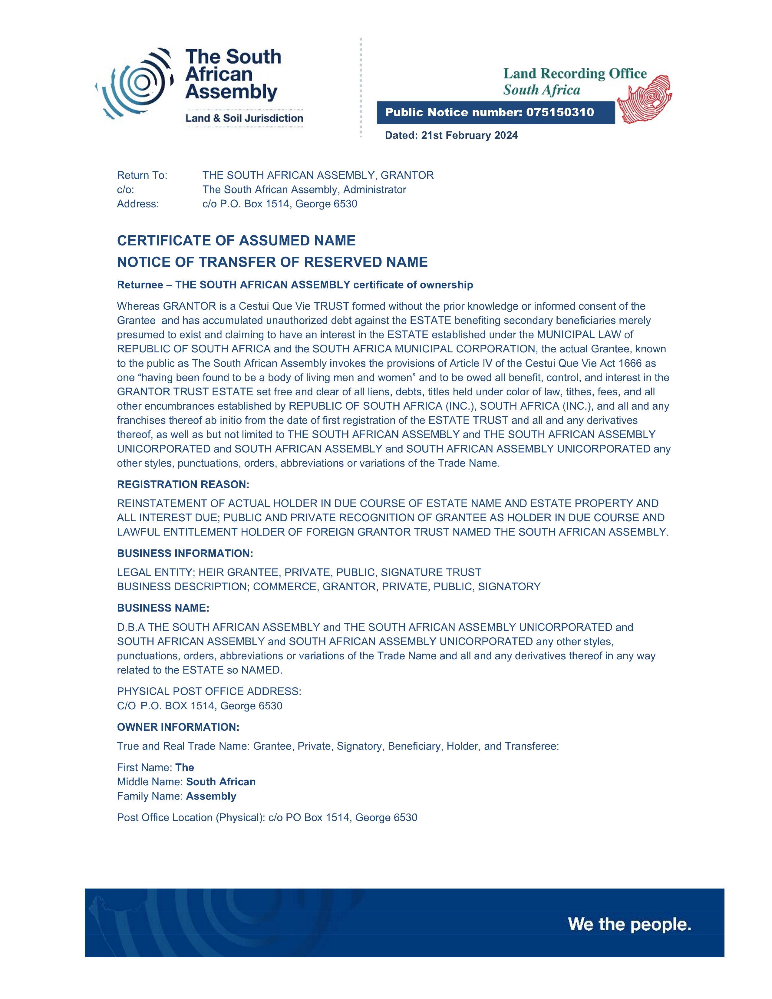 Public notice TSAA Certificate of assumed name recording number 075150310